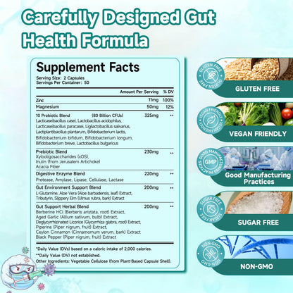 Trawecual Gut Health Capsule – 80B CFU Probiotics, Prebiotics & Enzymes, 30-in-1, 100 Capsules