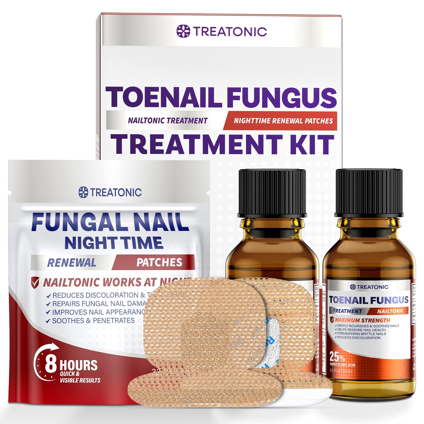 Treatonic Toenail Fungus Treatment Kit – Extra Strength 25% Undecylenic Acid + 32 Nighttime Patches
