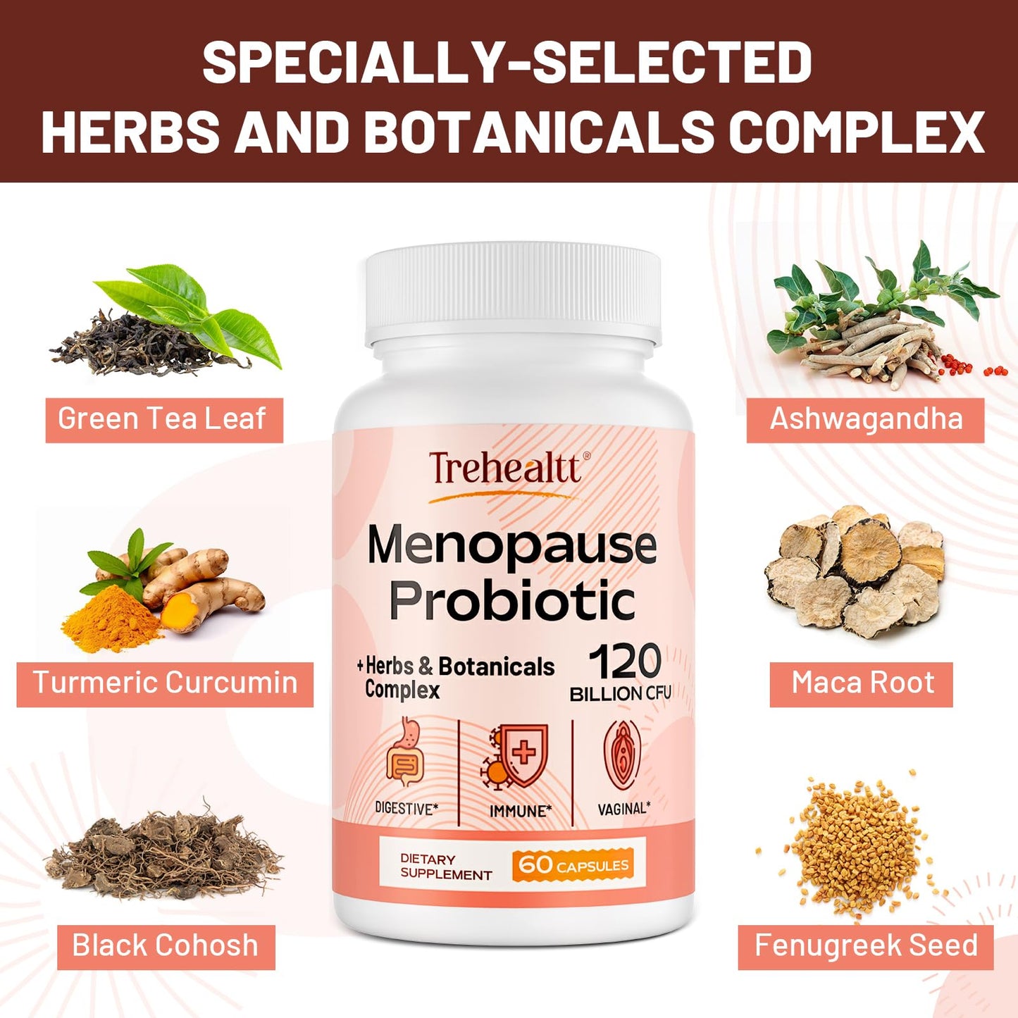 Trehealtt Menopause Probiotic – 120B CFU, 13-in-1 Herbal Complex, 240 Vegan Capsules