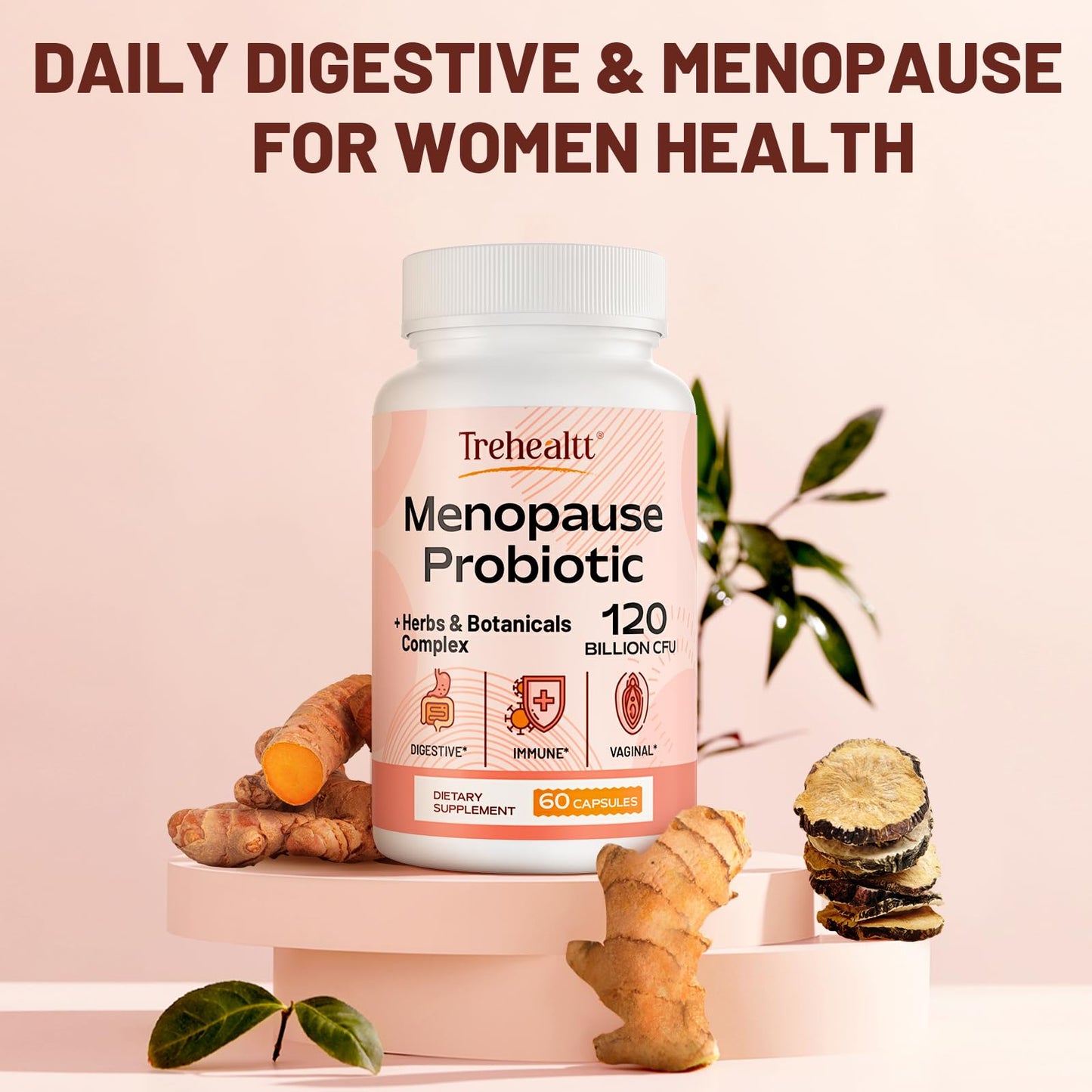 Trehealtt Menopause Probiotic – 120B CFU, 13-in-1 Herbal Complex, 60 Vegan Capsules