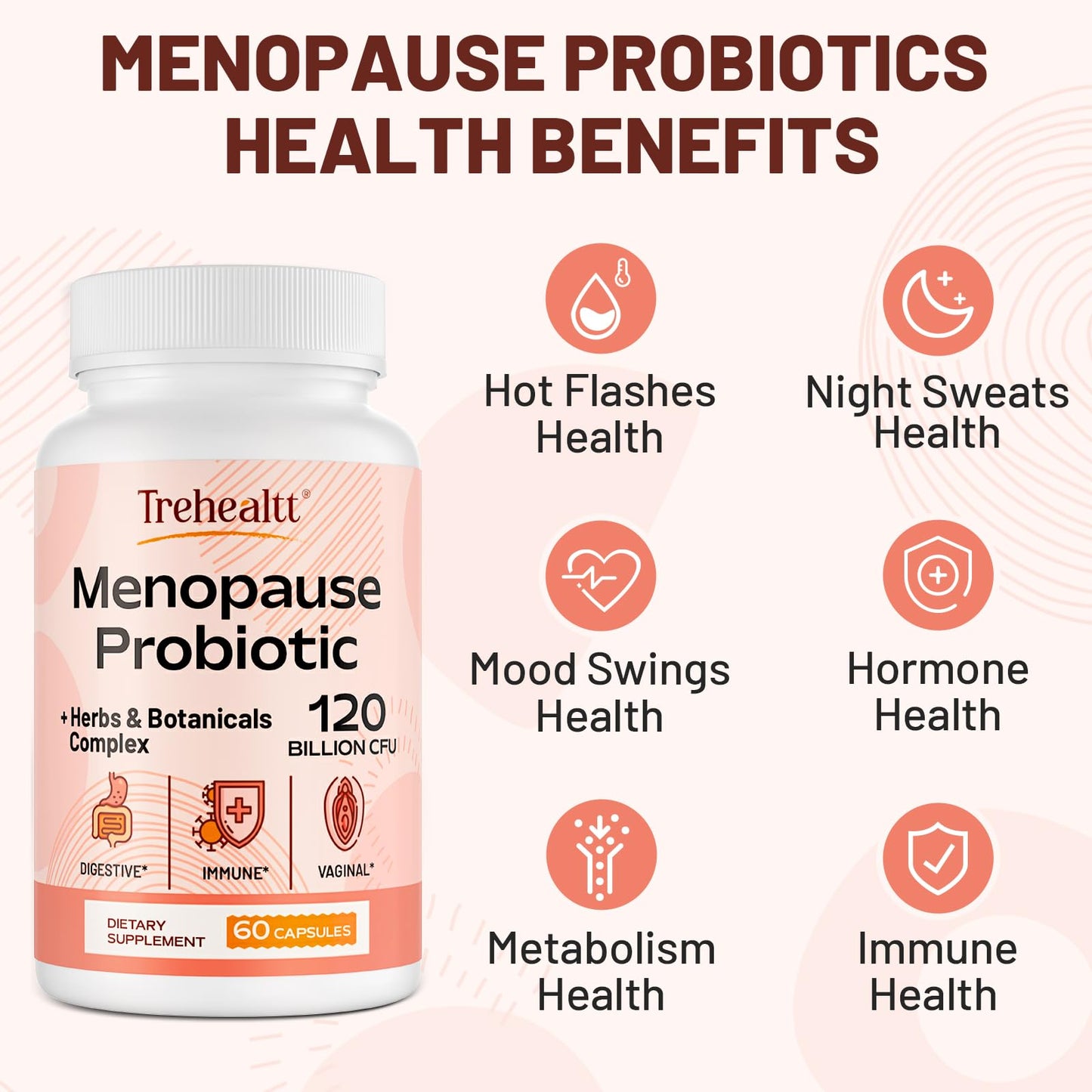 Trehealtt Menopause Probiotic – 120B CFU, 13-in-1 Herbal Complex, 60 Vegan Capsules