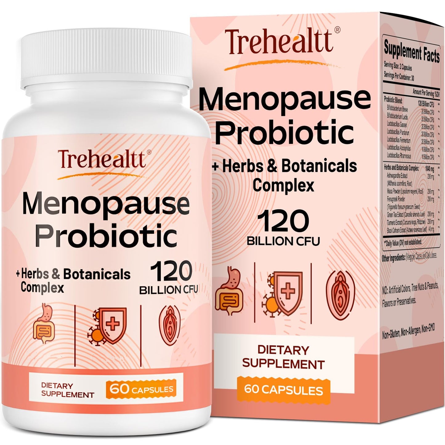 Trehealtt Menopause Probiotic – 120B CFU, 13-in-1 Herbal Complex, 60 Vegan Capsules