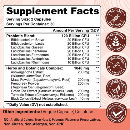 Trehealtt Menopause Probiotic – 120B CFU, 13-in-1 Herbal Complex, 60 Vegan Capsules