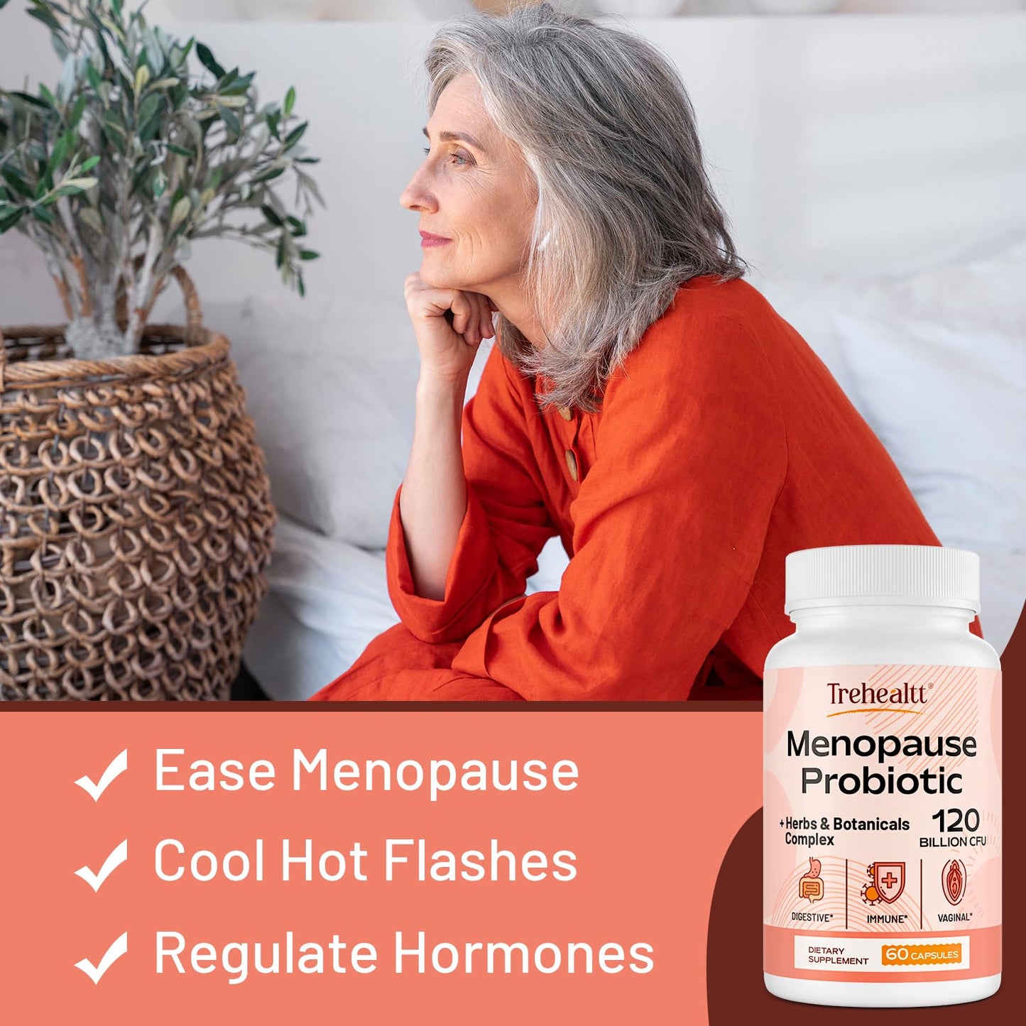 Trehealtt Menopause Probiotic – 120B CFU, 13-in-1 Herbal Complex, 60 Vegan Capsules