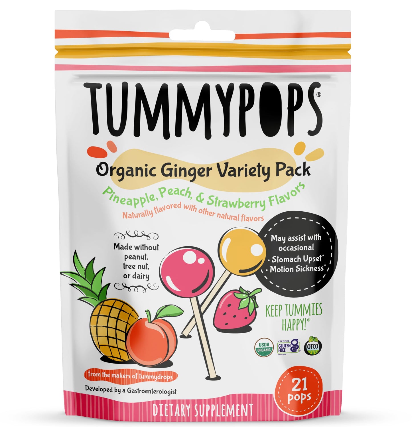 Tummydrops USDA Organic Tummypops Ginger Variety Pack – Pineapple, Peach, and Strawberry