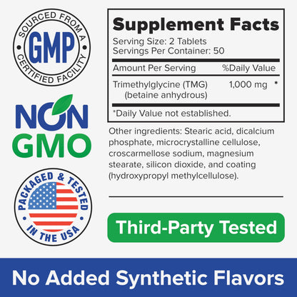 Tuthi TMG Supplement – 1000mg Trimethylglycine – Betaine Amino Acid for Cardiovascular Support and Healthy Homocysteine Levels – 100 Vegan Tablets – Gluten-Free, Non-GMO – Made in USA