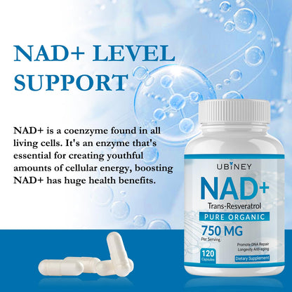 Ubiney NAD+ 750mg with Trans-Resveratrol – Organic NAD+ Supplement for Energy & DNA Repair