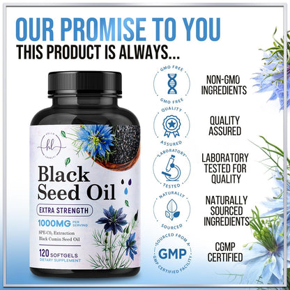 Black Seed Oil Softgels 1000mg – Premium Nigella Sativa Blackseed, Non-GMO, USA Bottled