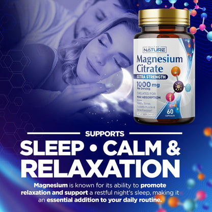Magnesium Citrate 1000mg - Max Absorption & High Potency Magnesium Complex Supplement for Heart, Muscle, Nerve, Bone Health & Stress Relief - Non-GMO, Gluten-Free - 60 Vegan Capsules