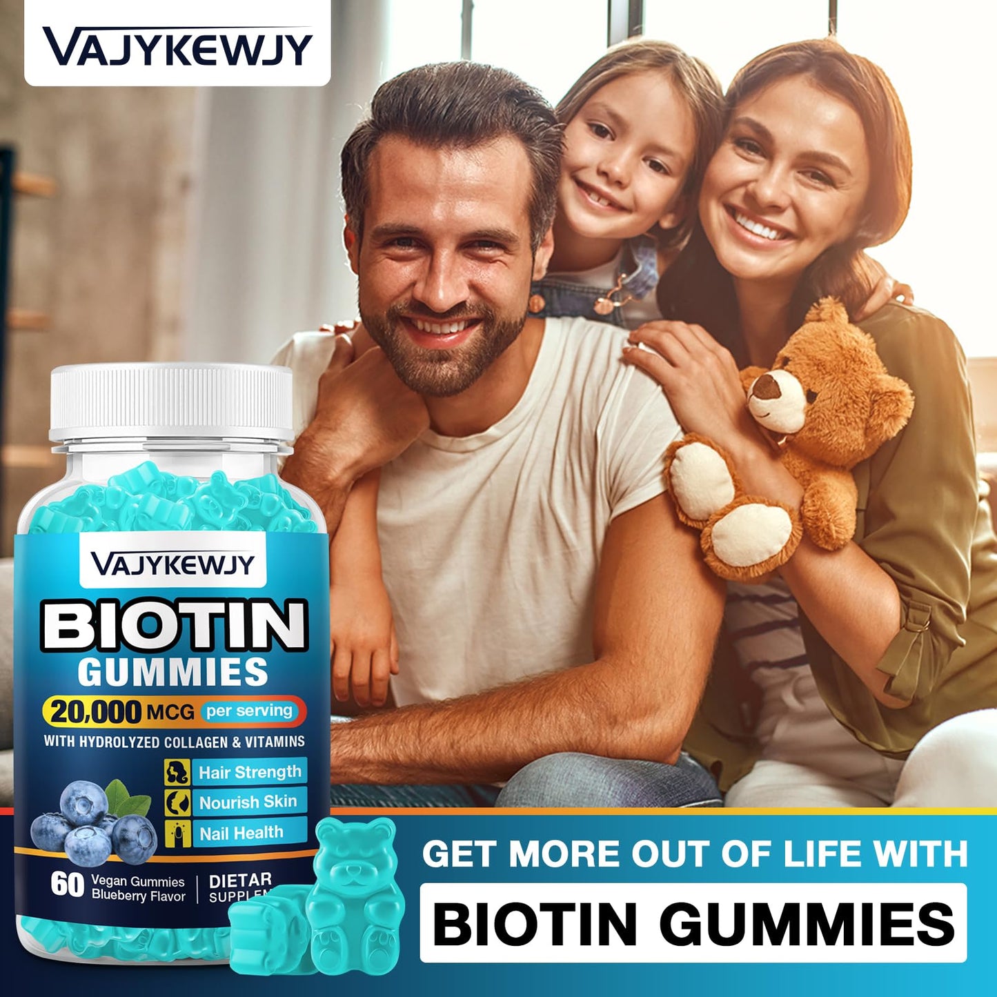VAJYKEWJY Vegan Biotin Gummies – 20,000 mcg per Serving | Hair, Skin & Nails