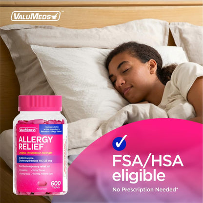 ValuMeds Allergy Medicine Diphenhydramine HCl 25 mg | For Children & Adults | Relieve Itchy Eyes, Runny Nose & Sneezing (600)