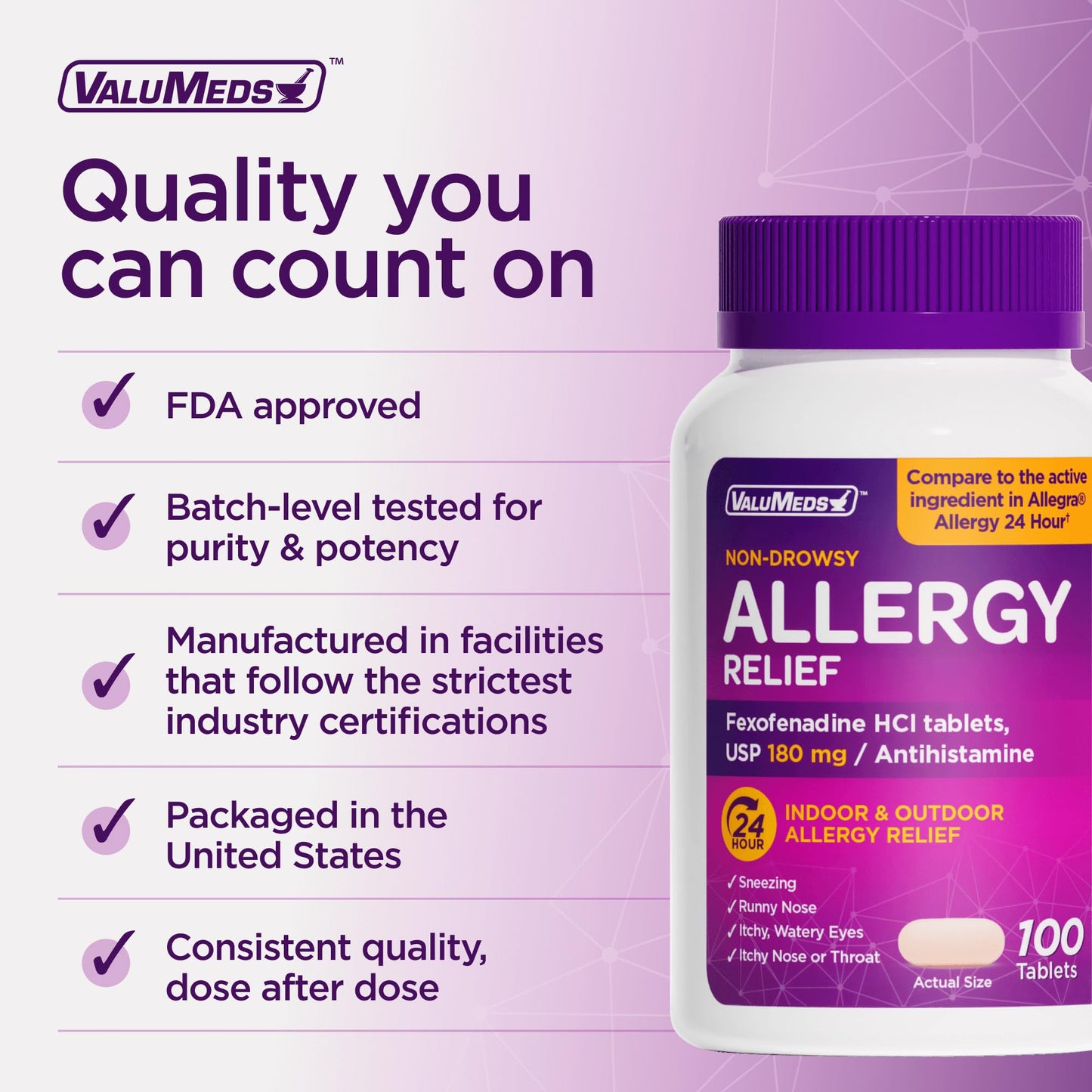 ValuMeds Compare to Allegra | Fexofenadine HCl 180mg | 24-Hour Non-Drowsy Allergy Relief (100 Count)
