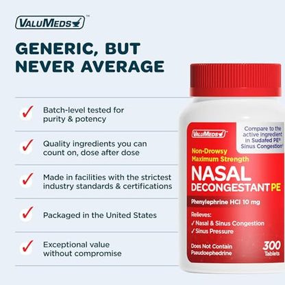 ValuMeds Compare to Sudafed PE | Non-Drowsy Nasal Decongestant 10 mg, 300 Tablets