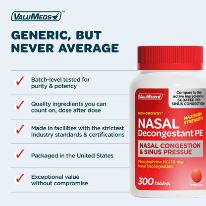 ValuMeds Compare to Sudafed PE | Non-Drowsy Nasal Decongestant 10 mg, 300 Tablets