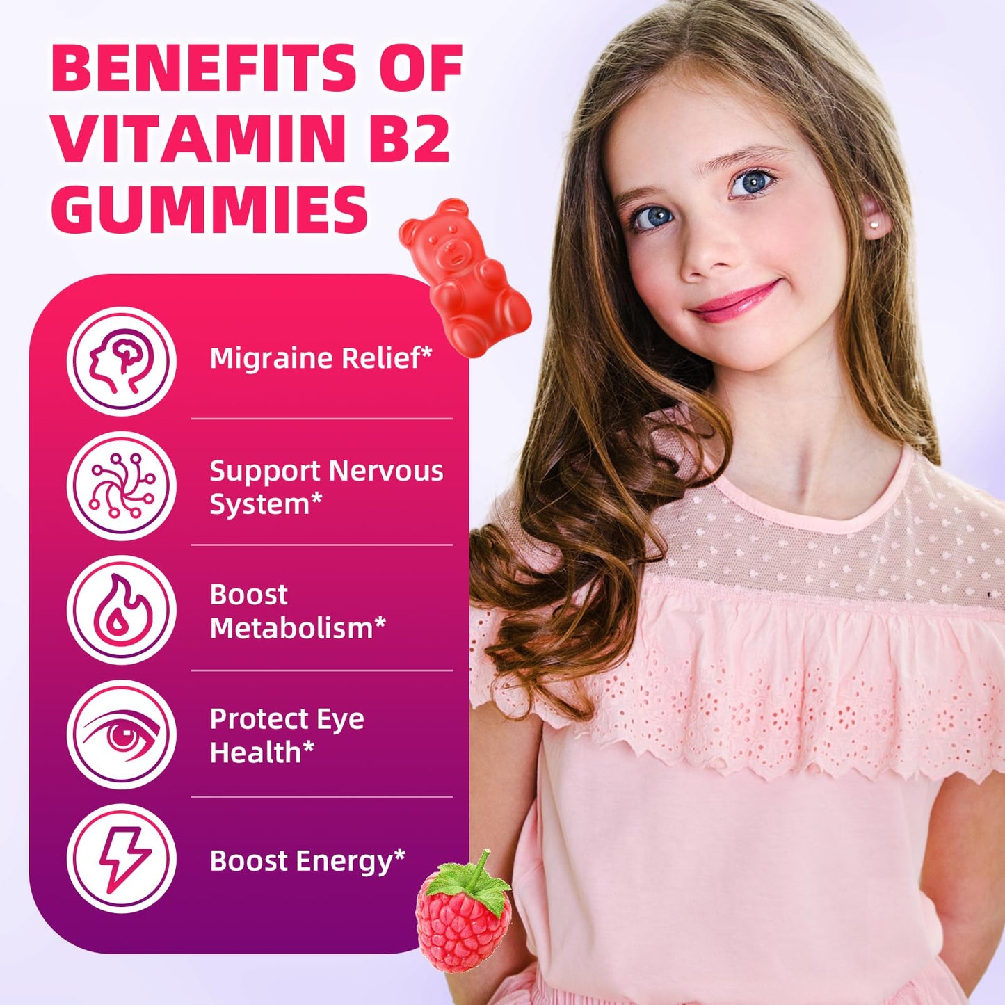 VCCHUYH Vitamin B2 Gummies with Magnesium – 400mg Riboflavin for Migraine Relief (Vegan, Non-GMO, Raspberry, 60 Count)