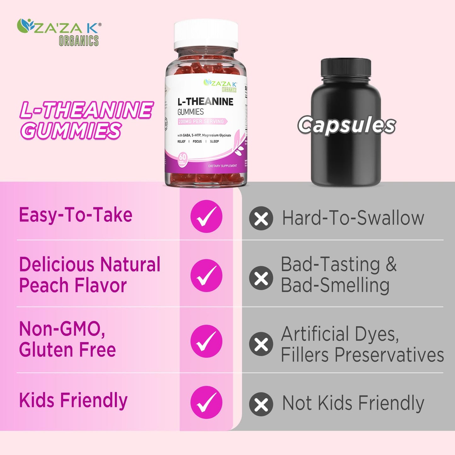 ZA'ZA K ORGANICS L-Theanine 200mg Gummy - Vegan Peach Flavor, Stress & Focus Support (60 Chewables)