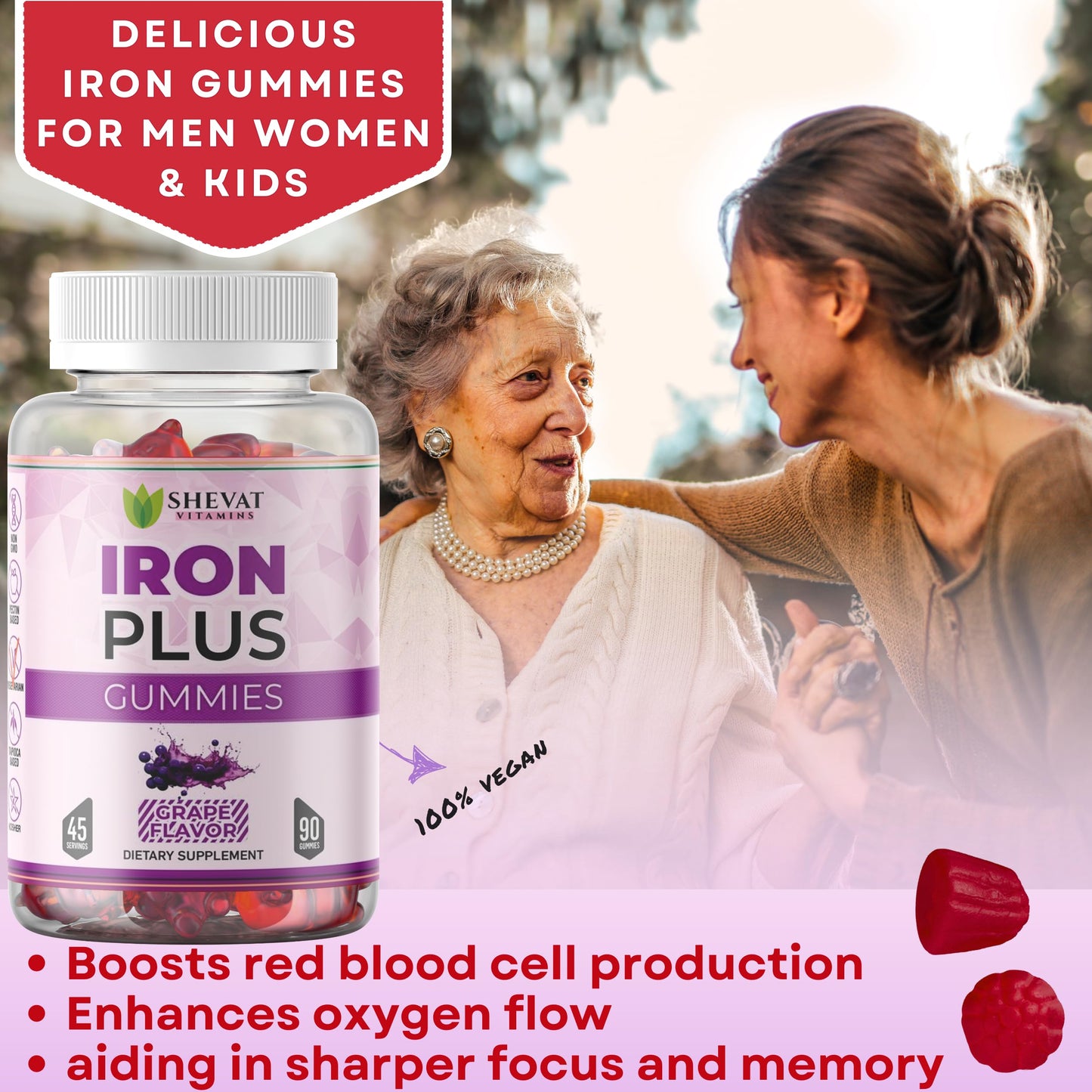 Made in USA 90 Iron Gummies for Women – Vegan, Gluten Free & Immune Support (Grape)
