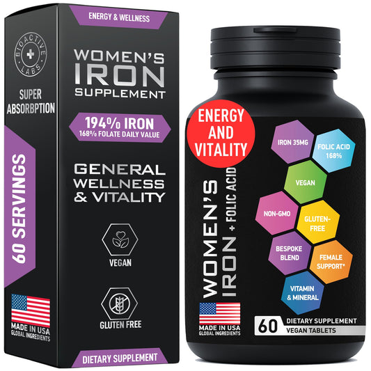 Vegan Iron for Women with Folic Acid | 194% Iron, 168% Folate | Gluten-Free