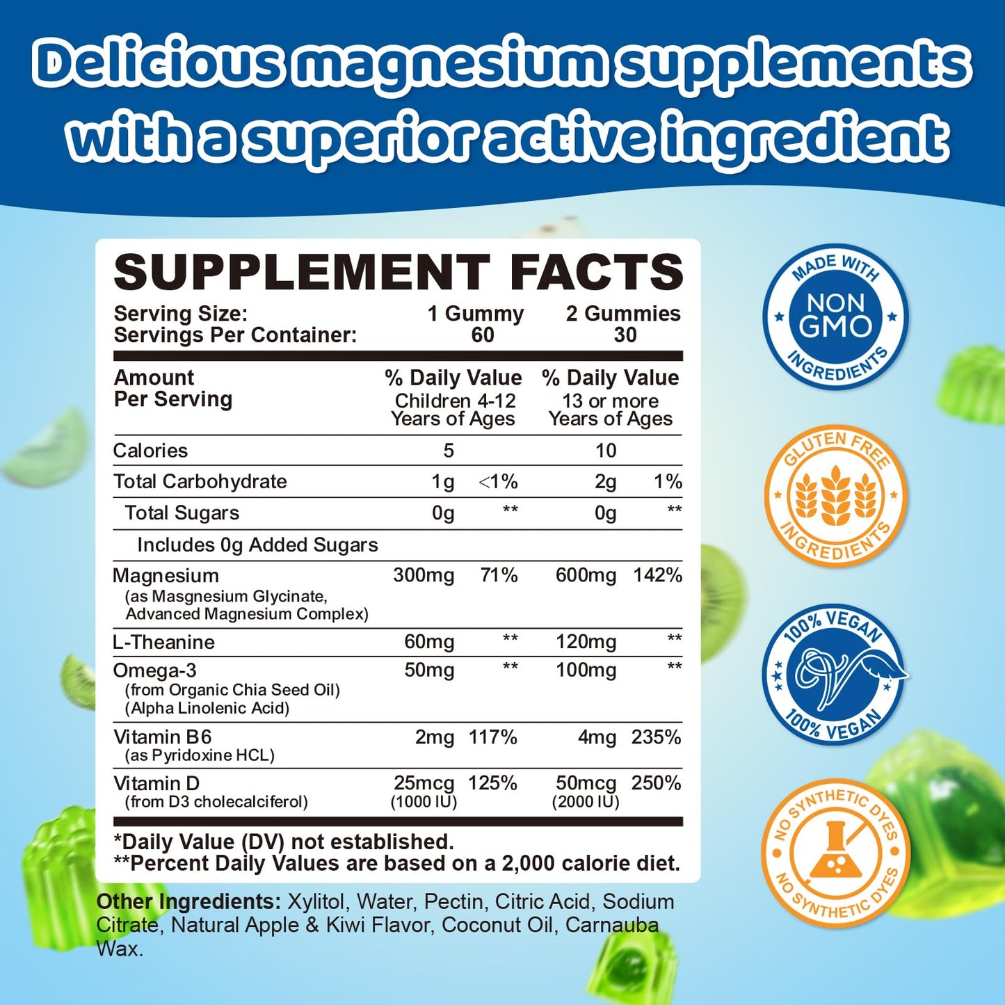 Center-Filled Magnesium Gummies for Kids 300MG - Magnesium Glycinate Gummies with L-theanine, Omega-3, Vitamin B6, D for Kids & Adults, Sleep, Calm & Muscle Relaxation - Apple & Kiwi