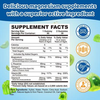 Center-Filled Magnesium Gummies for Kids 300MG - Magnesium Glycinate Gummies with L-theanine, Omega-3, Vitamin B6, D for Kids & Adults, Sleep, Calm & Muscle Relaxation - Apple & Kiwi