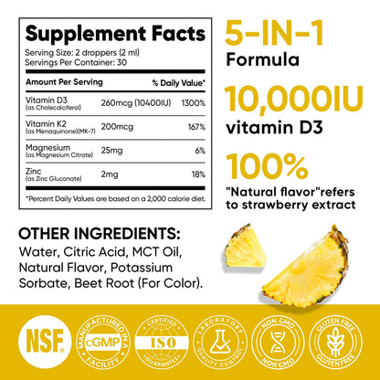 Venture Pal 5-in-1 Vitamin D3 10000 IU & K2 as MK-7 200mcg with Magnesium, MCT Oil, Zinc, Sugar-Free Vitamin D Liquid |Maximum Absorption for Bone, Mood & Immune Health - 2 FL OZ, 60 Days