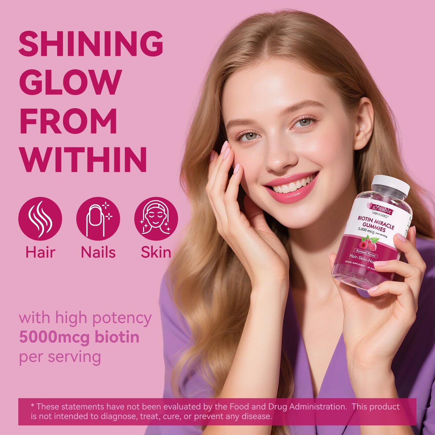 Vevoec Gynable Biotin Gummies 5000 mcg – Hair Skin Nails (60 Count)
