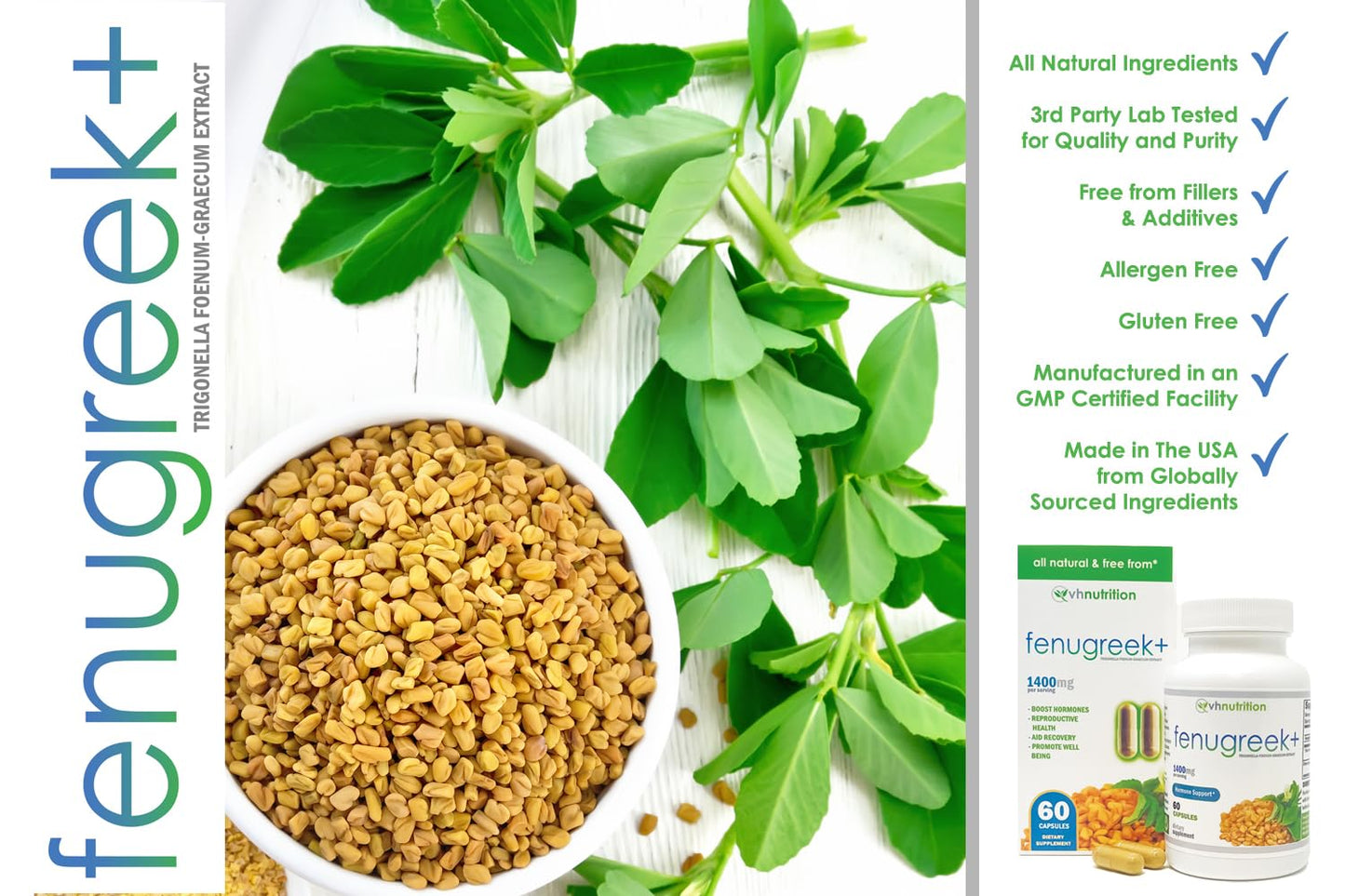 VH Nutrition Fenugreek+ | 1400mg Extra Strength Fenugreek Capsules | Hormonal Balance and Energy Support Supplement for Men & Women | 60 Gluten-Free Capsules