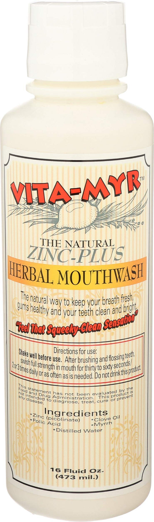 VITA-MYR Zinc-Plus Xtra Herbal Mouthwash (16 oz) - No Sugar, No Alcohol, SLS Free
