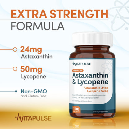 VitaPulse Astaxanthin 24mg with Lycopene 50mg – 100 Vegetarian Capsules | Non-GMO & Gluten Free