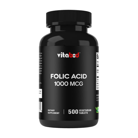 Vitabod Folic Acid 1 mg (1000 mcg) – 500 Vegetarian Tablets | Prenatal & Postnatal Vitamin