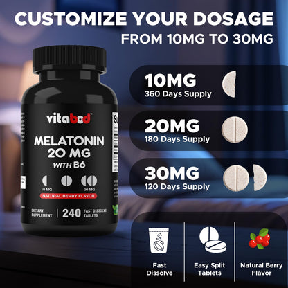 Vitabod Melatonin 20 mg – 240 Fast-Dissolve Tablets | Berry Flavor, Vegetarian & Non-GMO