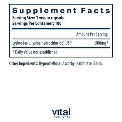 Vital Nutrients Lysine | Lysine Supplement Supports Healthy Lip and Oral Tissue | Immune Support Supplement Promotes Calcium Absorption | Gluten, Dairy, Soy Free | Non-GMO | 100 Capsules
