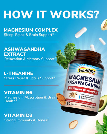 Vitalibre Magnesium Complex with Ashwagandha & L-Theanine – Stress Relief, Bone & Nerve Support | 90 Vegan Capsules