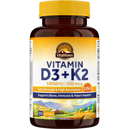 Vitalitown Vitamin D3 K2 Supplement - 10000 IU D3, 200 mcg MK-7, 90 Softgels