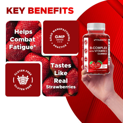 Vitamatic Vitamin B Complex Gummies with Vitamin C & Inositol – Natural Strawberry Flavor – 60 Gummies