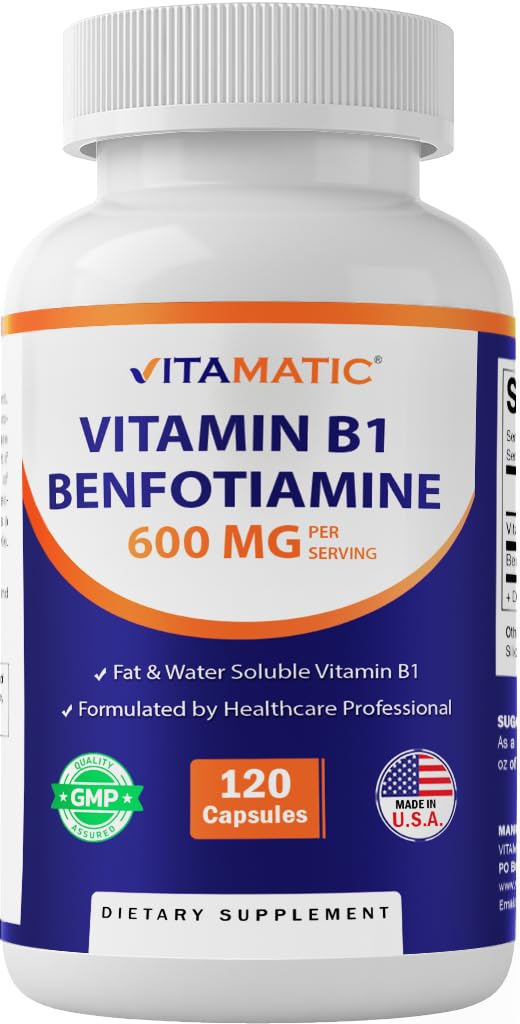 Vitamatic Benfotiamine 300mg + Vitamin B1 300mg – 120 Vegetarian Capsules – Made in USA – Gluten Free – Non-GMO