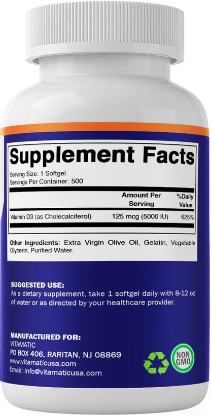 Vitamatic Vitamin D3 5000 IU (125 mcg) – 500 Softgels Olive Oil-Based Formula