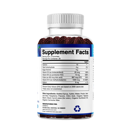 Vitamatic Vitamin D3 + B12 Gummies – Blue Raspberry, 60 Gummies | USA Made with Folate & B6
