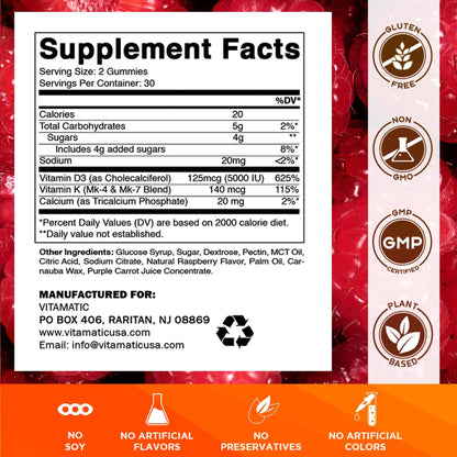 Vitamatic Vitamin D3 + K2 Gummies – 60 Count | Supports Bone, Heart & Immune Health – Promotes Calcium Absorption – Plant-Based, Non-GMO, Gluten-Free