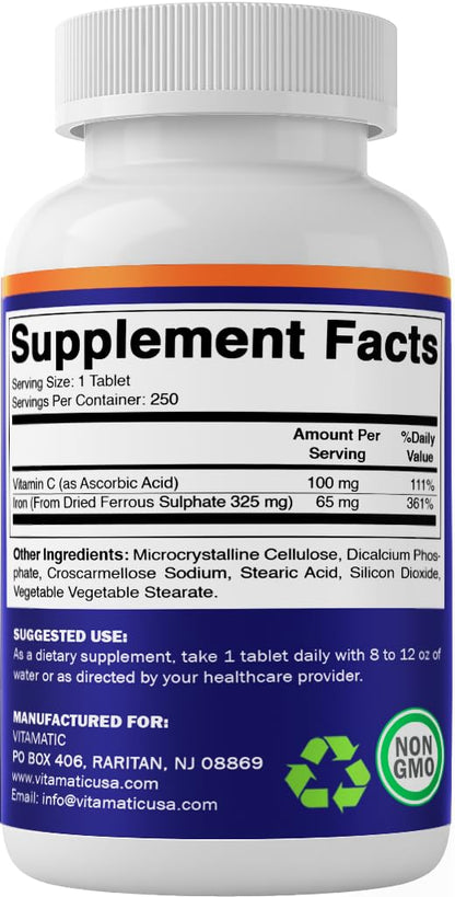 Vitamatic Ferrous Sulfate 325 mg + Vitamin C 100 mg - 65 mg Elemental Iron - 250 Tablets - Made in USA