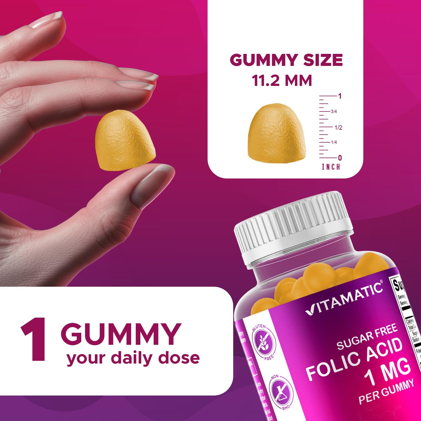 Vitamatic Folic Acid Gummies 1000 mcg – Prenatal Vitamin B9 for Mom & Baby | Vegan 120 Gummies