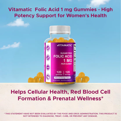 Vitamatic Folic Acid Gummies 1000 mcg – Prenatal Vitamin B9 for Mom & Baby | Vegan 120 Gummies