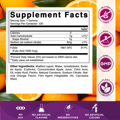 Vitamatic Folic Acid Gummies 1000 mcg – Prenatal Vitamin B9 for Mom & Baby | Vegan 120 Gummies
