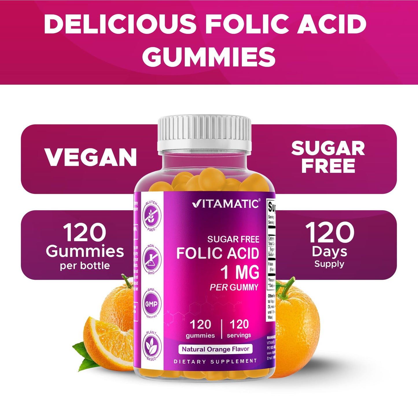 Vitamatic Folic Acid Gummies 1000 mcg – Prenatal Vitamin B9 for Mom & Baby | Vegan 120 Gummies