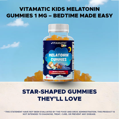 Vitamatic Sugar Free Kids Melatonin 1mg Gummies – Pineapple & Passionfruit, 90 Gummies (90 Days Supply)