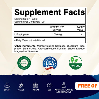 Vitamatic L-Tryptophan 1000mg – 120 Tablets (Pack of 1) | Non-GMO & Gluten Free