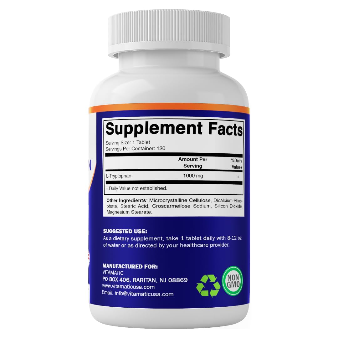 Vitamatic L-Tryptophan 1000mg – 120 Tablets (Pack of 1) | Non-GMO & Gluten Free