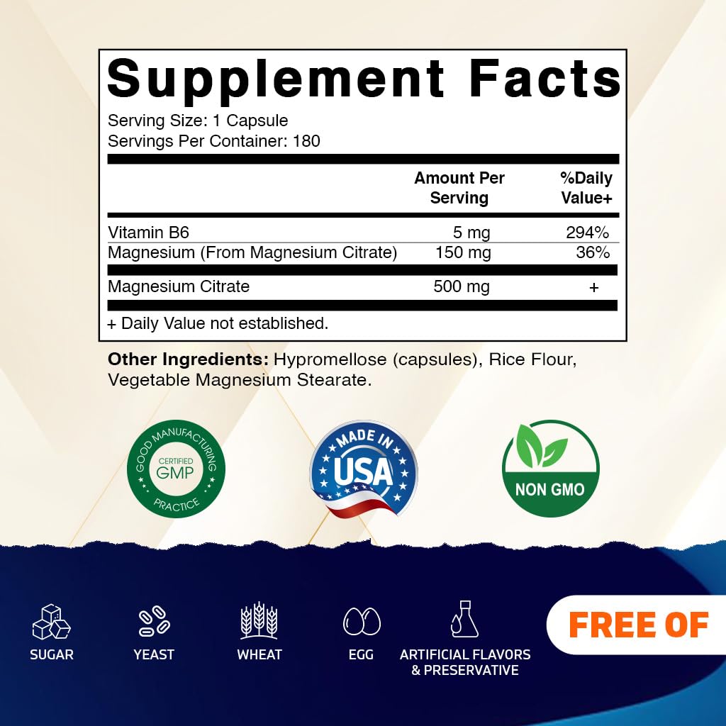 Vitamatic Magnesium Citrate 500mg per Serving - 180 Vegetarian Capsules - 150 mg Elemental Magnesium + B6 for Maximum Absorption - Supports Muscle, Joint, and Heart Health*