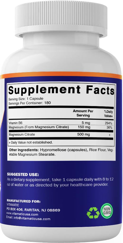 Vitamatic Magnesium Citrate 500mg per Serving - 180 Vegetarian Capsules - 150 mg Elemental Magnesium + B6 for Maximum Absorption - Supports Muscle, Joint, and Heart Health*