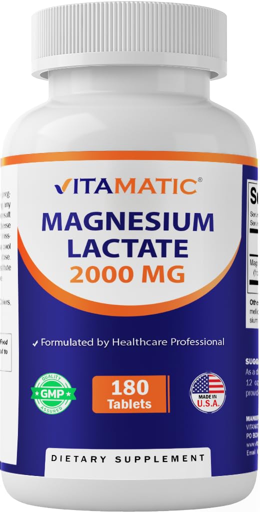 Vitamatic Magnesium Lactate 2000mg – 180 Tablets – Supports Muscle, Heart, Bone & Nervous System Health* – Non-GMO, Gluten Free, No Artificial Additives